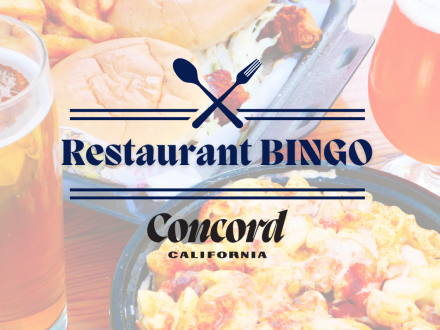 Restaurant Bingo Concord text over a collage image of different food and drinks