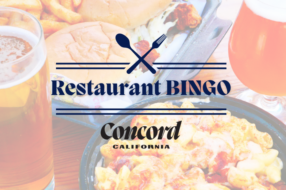 Restaurant Bingo Concord text over a collage image of different food and drinks