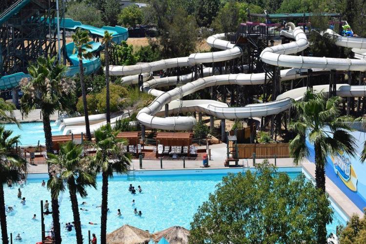 sky view of water park slides at Hurricane Harbor formerly Waterworld Park in Concord CA