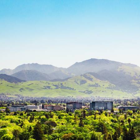 mountain with city buildings in foreground