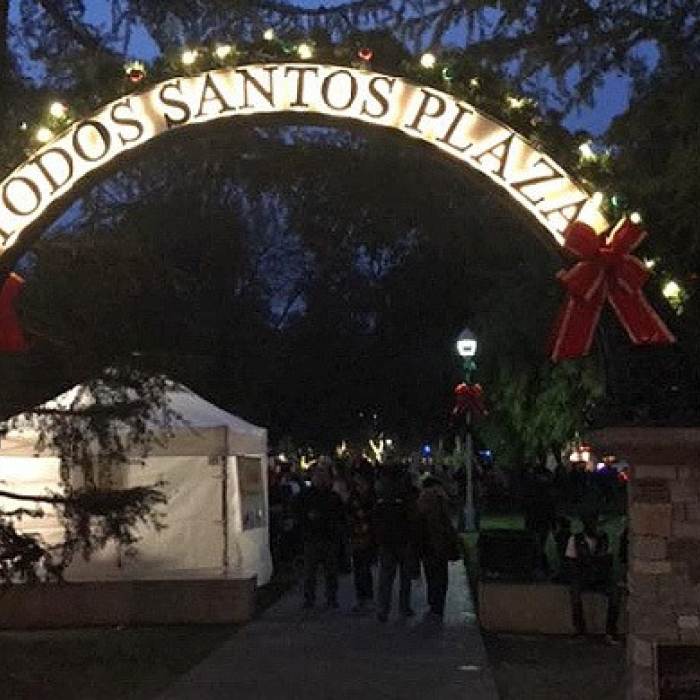 todos santos plaza sign with christmas lights