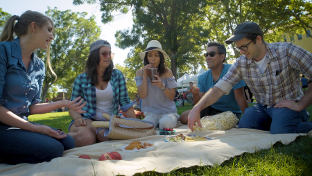 A family gathers around a picnic blanket on a gorgeous sunny day in California. 