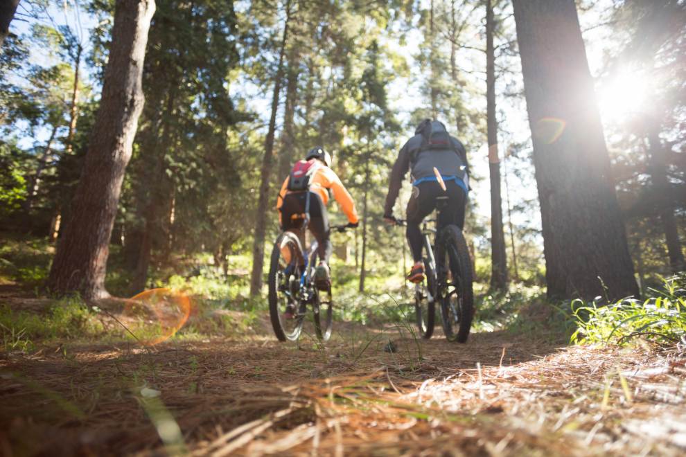 Couple Mountain Biking Down a Trail