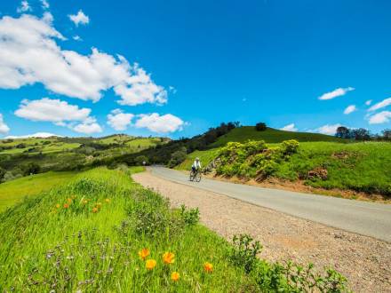 cyclist riding bike on mountain road