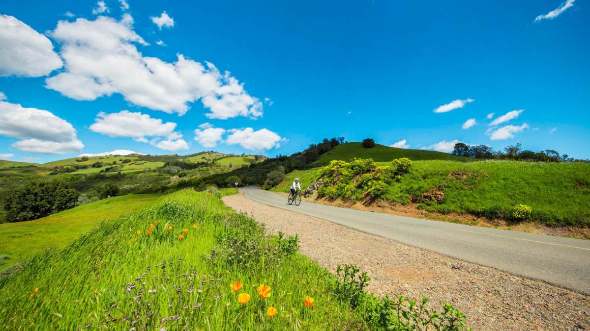 cyclist riding bike on mountain road
