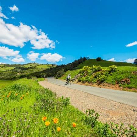 cyclist riding bike on mountain road