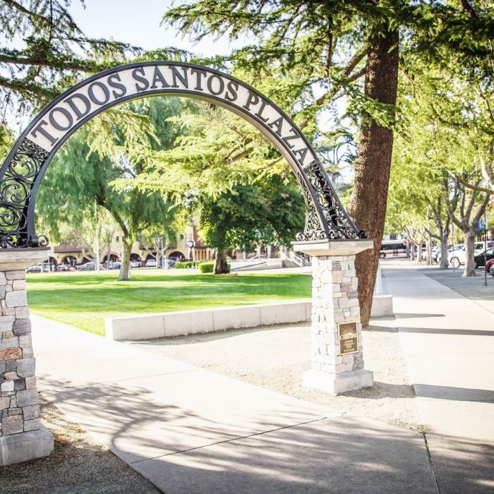 Archway leading into Todos Santos Plaza park