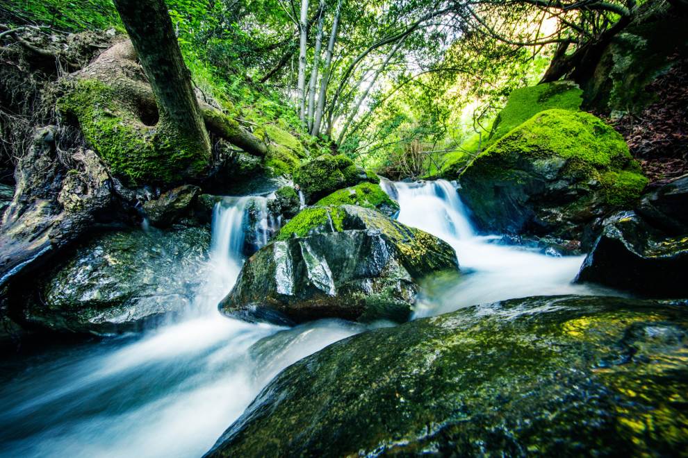 Secluded waterfall surrounded by mossy rocks