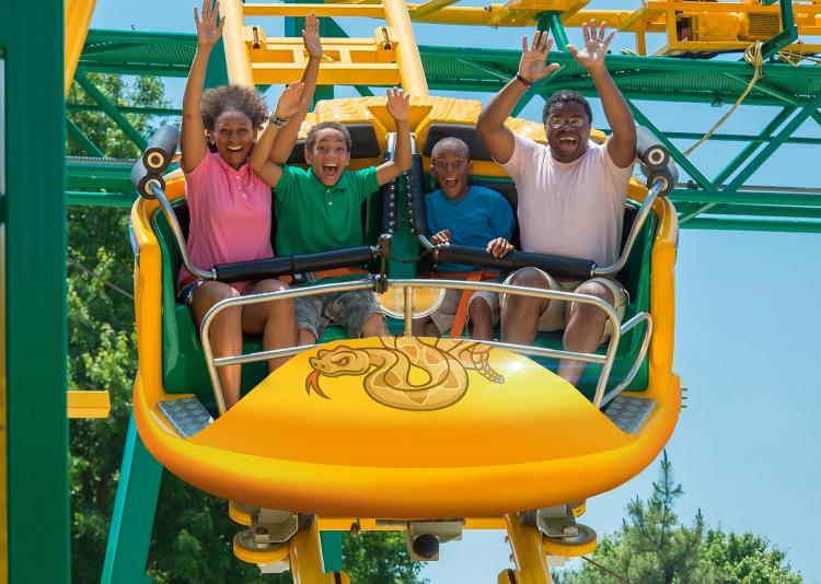 A family of four on a yellow and green roller coaster at Six Flags Discovery Kingdom near Concord, CA